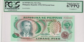 Philippines, 5 Piso, 1970, UNC, p153a
PCGS 67 PPQ
Estimate: USD 25-50