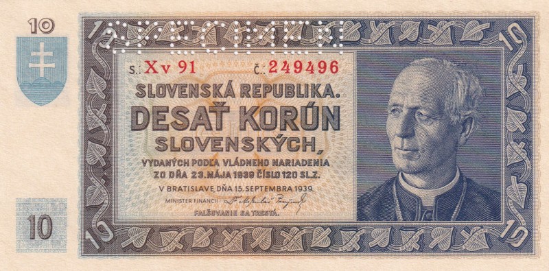 Slovakia, 10 Korun, 1939, UNC, p4s, SPECIMEN
Estimate: USD 25-50