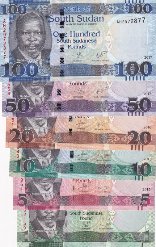 South Sudan, 1-5-10-20-50-100 Pounds, 2011/2017, UNC, , (Total 6 banknotes)
Est...