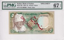 Sudan, 5 Pounds, 1983, UNC, p26s, SPECIMEN
PMG 67 EPQ, High condition
Estimate: USD 150-300