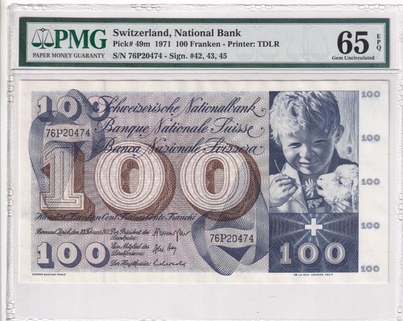 Switzerland, 100 Franken, 1971, UNC, p49m
PMG 65 EPQ
Estimate: USD 250-500