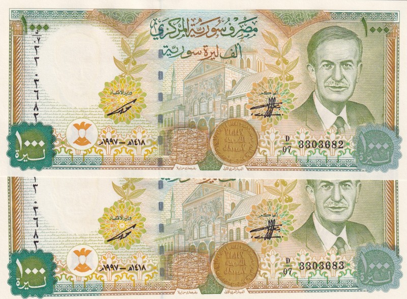 Syria, 1.000 Pounds, 1997, UNC, p111, (Total 2 consecutive banknotes)
Estimate:...