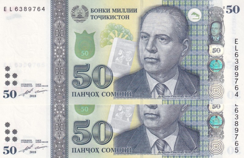 Tajikistan, 50 Somoni, 2018, UNC, p26c, (Total 2 consecutive banknotes)
Estimat...