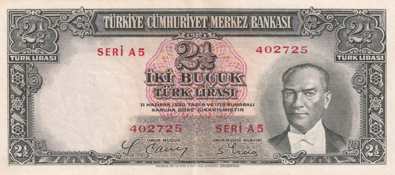 Turkey, 2 1/2 Lira, 1939, AUNC, p126, 2. Emisyon, 1. Tertip
Natural
Estimate: ...