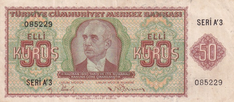 Turkey, 50 Kuruş, 1944, VF(+), p134, 2. Emisyon, 1. Tertip
Estimate: USD 125-25...