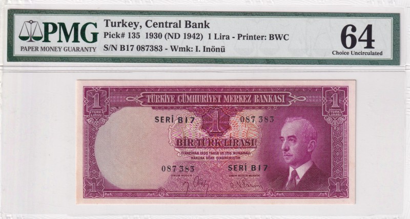 Turkey, 1 Lira, 1942, UNC, p135, 2. Emisyon, 1. Tertip
PMG 64
Estimate: USD 40...