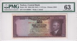 Turkey, 2 1/2 Lira, 1947, UNC, p140, 3. Emisyon, 1. Tertip
PMG 63
Estimate: USD 500-1000