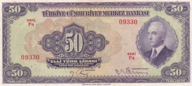 Turkey, 50 Lira, 1942, XF, p142, 3. Emisyon, 1. Tertip
There is a slight correction.
Estimate: USD 600-1200