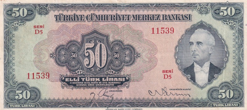 Turkey, 50 Lira, 1942, XF, p142A, 3. Emission, 2. Tertip
Natural
Estimate: USD...