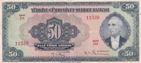 Turkey, 50 Lira, 1942, XF, p142A, 3. Emission, 2. Tertip
Natural
Estimate: USD 1000-2000