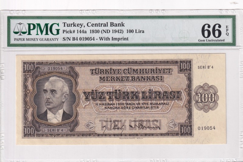 Turkey, 100 Lira, 1942, UNC, p144a, 3. Emission, 1. Tertip
PMG 66 EPQ
Estimate...