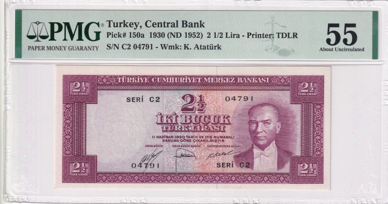 Turkey, 2 1/2 Lira, 1952, AUNC, p150a, 5. Emission, 1. Tertip
PMG 55
Estimate:...