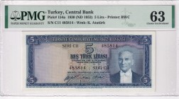 Turkey, 5 Lira, 1952, UNC, p154, 5. Emisyon, 1. Tertip
PMG 63
Estimate: USD 800-1600