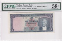 Turkey, 5 Lira, 1961, AUNC(+), p173a, 5. Emission, 3. Tertip
PMG 58 EPQ
Estimate: USD 250-500