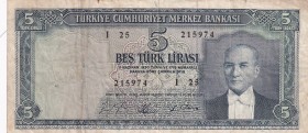 Turkey, 5 Lira, 1965, VF, p174a, 5. Emission, 4. Tertip
Estimate: USD 20-40