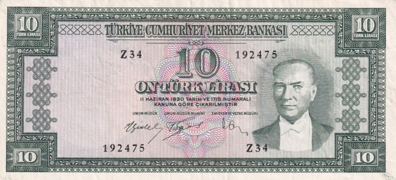 Turkey, 10 Lira, 1960, XF, p159, 5. Emission, 4. Tertip
Natural
Estimate: USD ...