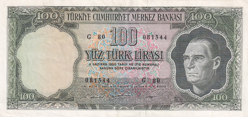 Turkey, 100 Lira, 1969, XF, p182, 5. Emisyon, 6. Tertip
Natural
Estimate: USD ...