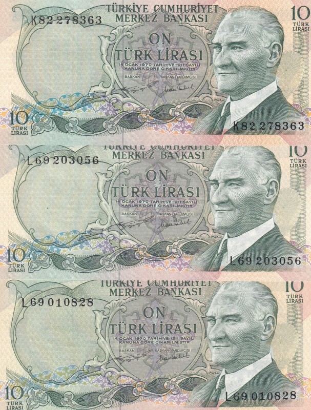 Turkey, 10 Lira, 1975, UNC, p186, 6. Emisyon, 2. Tertip
(Total 3 banknotes)