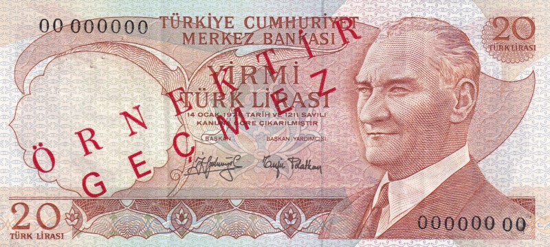 Turkey, 20 Lira, 1979, XF, p187a, 6. Emission, 3. Tertip
It has the word "ÖRNEK...