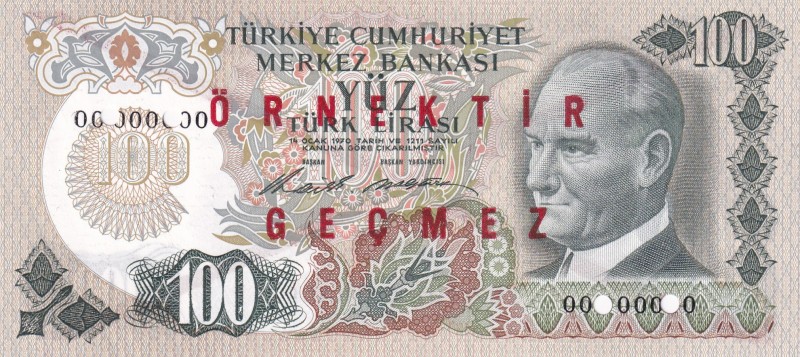 Turkey, 100 Lira, 1972, UNC, p189a, 6. Emission, 1. Tertip
It has the word "ÖRN...