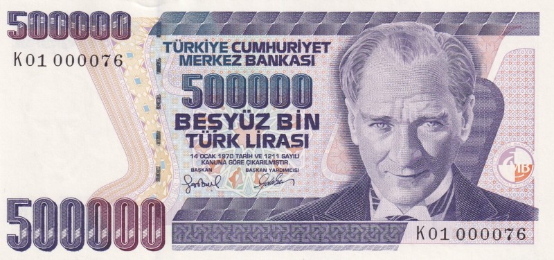 Turkey, 500.000 Lira, 1997, UNC, p212, 7. Emission, 4. Tertip
"K01" Prefix
Est...