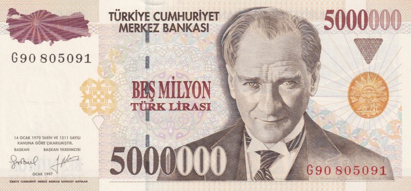 Turkey, 5.000.000 Lira, 1997, UNC, p210b, 7. Emisyon, 1. Tertip
Last Number Ver...