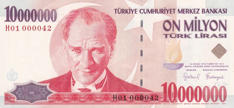 Turkey, 10.000.000 Lira, 1999, UNC, p214, 7. Emission, 1. Tertip
"H01" prefix
...