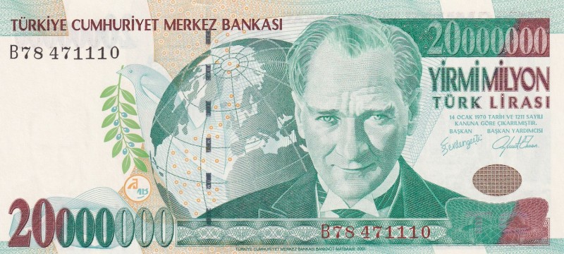 Turkey, 20.000.000 Lira, 2001, UNC, p215, 7. Emission, 1. Tertip
Estimate: USD ...