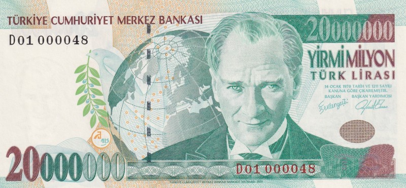 Turkey, 20.000.000 Lira, 2001, UNC, p215, 7. Emission, 1. Tertip
"D01" prefix
...