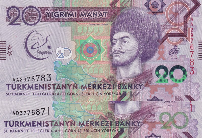 Turkmenistan, 20 Manat, 2012/2017, UNC, p32; p39, (Total 2 banknotes)
Estimate:...