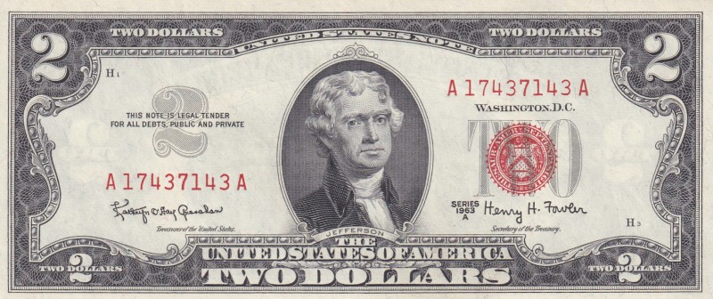 United States of America, 2 Dollars, 1963, UNC, p382b
Estimate: USD 25-50