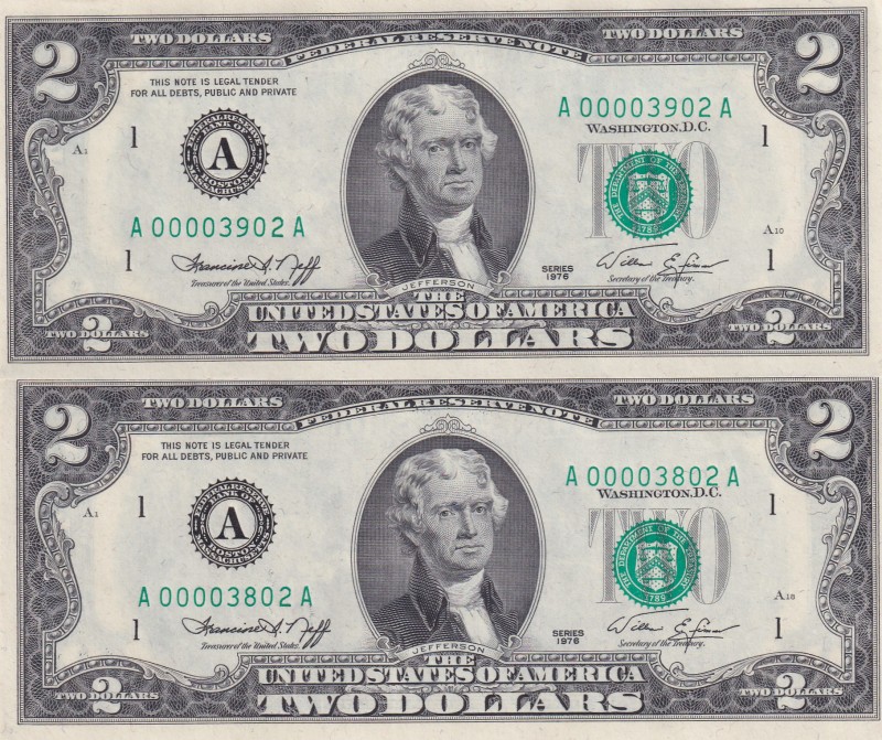 United States of America, 2 Dollars, 1976, UNC, p461, (Total 2 banknotes)
There...