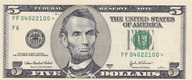 United States of America, 5 Dollars, 2003, UNC, p517b, REPLACEMENT
04.02.2100 Day-Month-Year Birthday Note
Estimate: USD 25-50