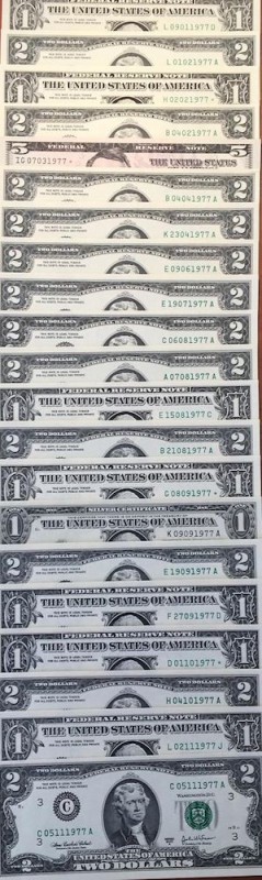 United States of America, 1-2-5 Dollars, UNC, (Total 21 banknotes)
YEAR 1977, D...