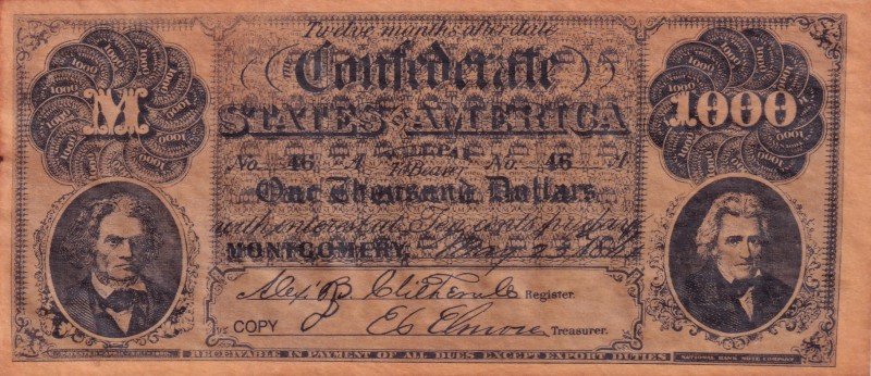 United States of America, 1.000 Dollars, 1800s, XF,
Confederate States of Ameri...