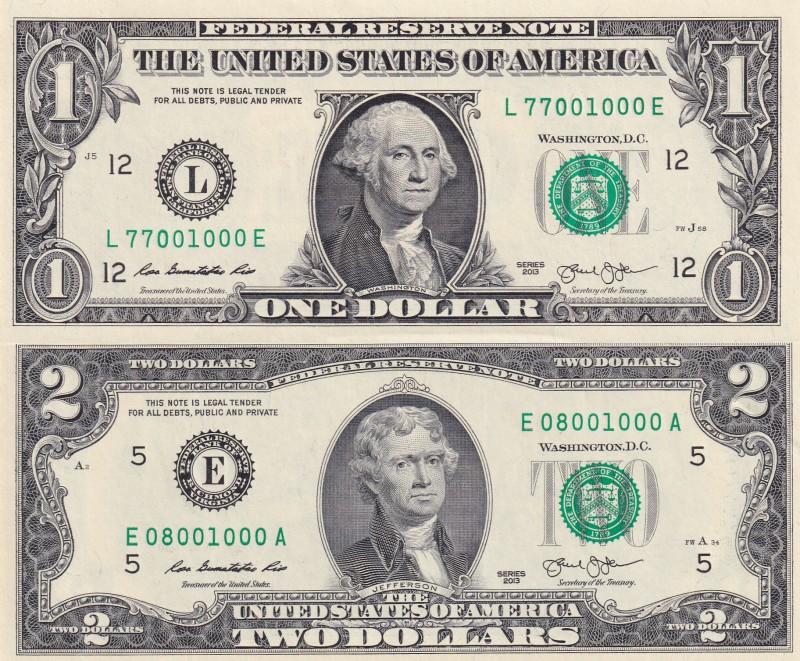 United States of America, 1-2 Dollars, 2013, p537; p538, (Total 2 banknotes)
Lo...