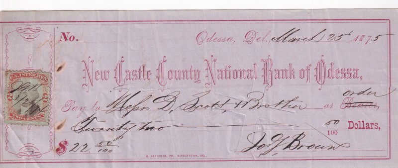 United States of America, 1875,
New Castle County National Bank of Odessa
Esti...