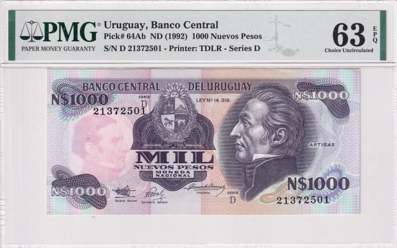 Uruguay, 1.000 Nuevos Pesos, 1992, UNC, p64Ab
PMG 63 EPQ
Estimate: USD 30-60