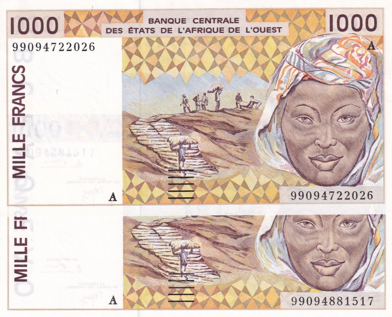 West African States, 1.000 Francs, 1999, UNC, p111Ai, (Total 2 banknotes)
"A" f...