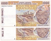 West African States, 1.000 Francs, 1999, UNC, p111Ai, (Total 2 banknotes)
"A" for Cote d' Ivoire
Estimate: USD 20-40