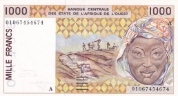 West African States, 1.000 Francs, 1999, UNC, p111Ai
"A" for Cote d' Ivoire
Estimate: USD 15-30