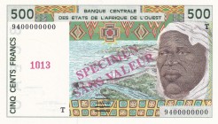 West African States, 500 Francs, 1994, UNC, p810Ts, SPECIMEN
"T" Togo
Estimate: USD 150-300