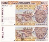 West African States, 1.000 Francs, 1999/2001, UNC, p111Ai; p111Aj, (Total 2 banknotes)
"A" for Cote d' Ivoire
Estimate: USD 20-40
