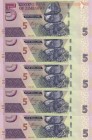 Zimbabwe, 5 Dollars, 2019, UNC, pNew, (Total 5 consecutive banknotes)