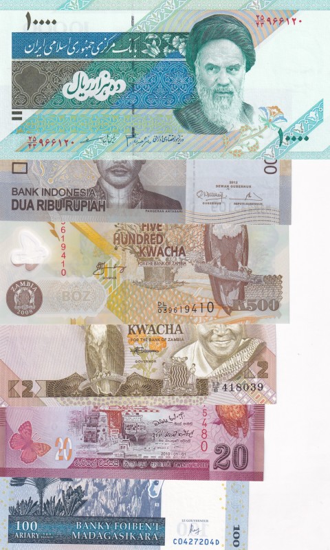 Mix Lot, UNC, (Total 6 banknotes)
Iran 10.000 Rials; Indonesia 2.000 Rupiah; Za...