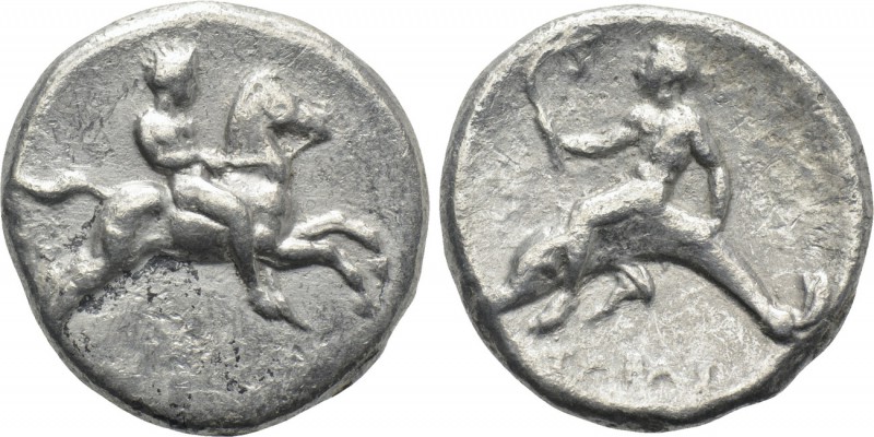 CALABRIA. Tarentum. Nomos (Circa 390-385 BC). 

Obv: Youth riding horse right....