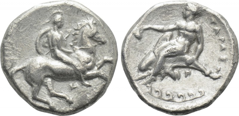 CALABRIA. Tarentum. Nomos (Circa 344-340 BC). 

Obv: Warrior, holding shield a...