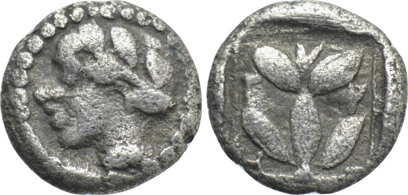 MACEDON. Chalkidian League. Trihemiobol (Circa 425-390 BC). Olynthos. 

Obv: L...