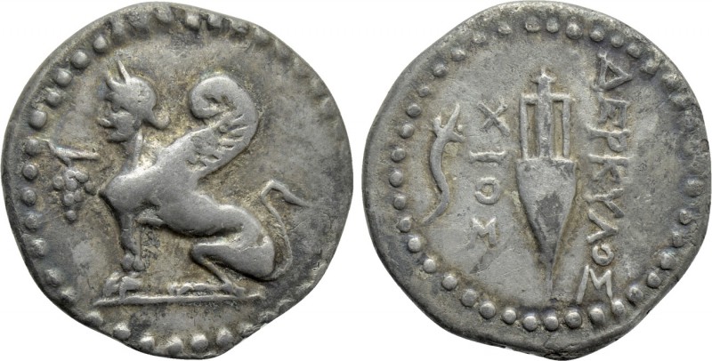 IONIA. Chios. Drachm (Circa 100-86 BC). Derkylos, magistrate.

Obv: Sphinx sea...