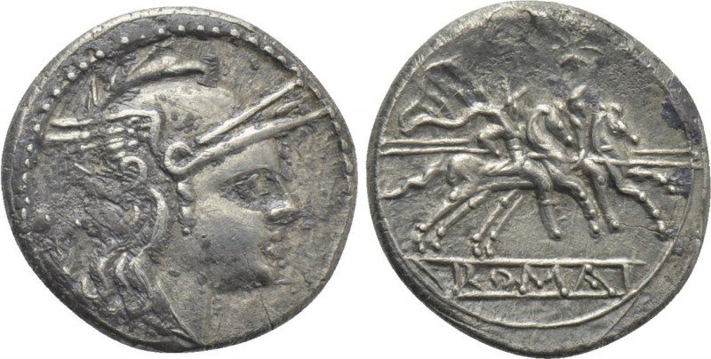 ANONYMOUS. Denarius (After 211 BC). Rome. 

Obv: Helmeted head of Roma right; ...